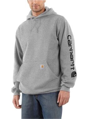 Carhartt Men's Heather Gray Pullover Hoodie with Black Sleeve Logo L Tall